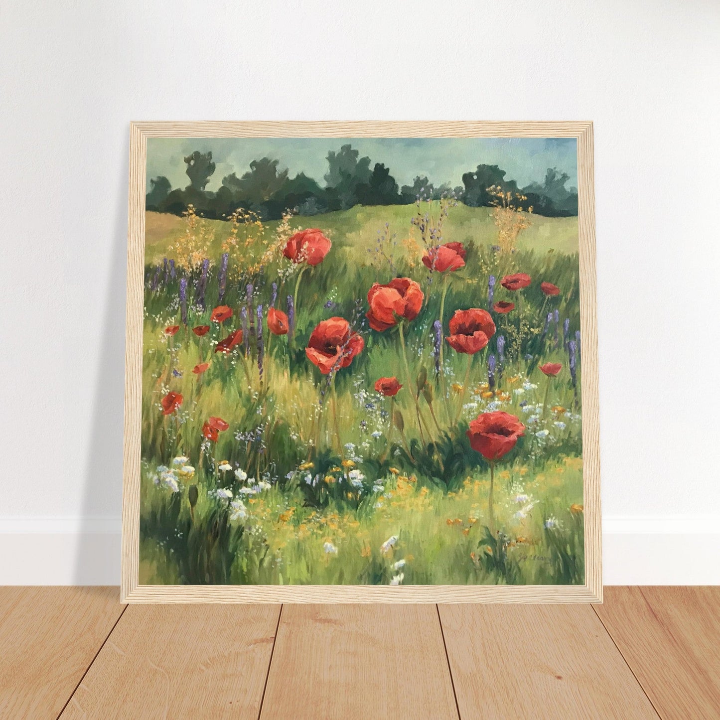 'Field of Red Poppies' Floral I 12x12 inch Wooden Framed Art Print I Original Artwork by American Artist Barbara Cleary