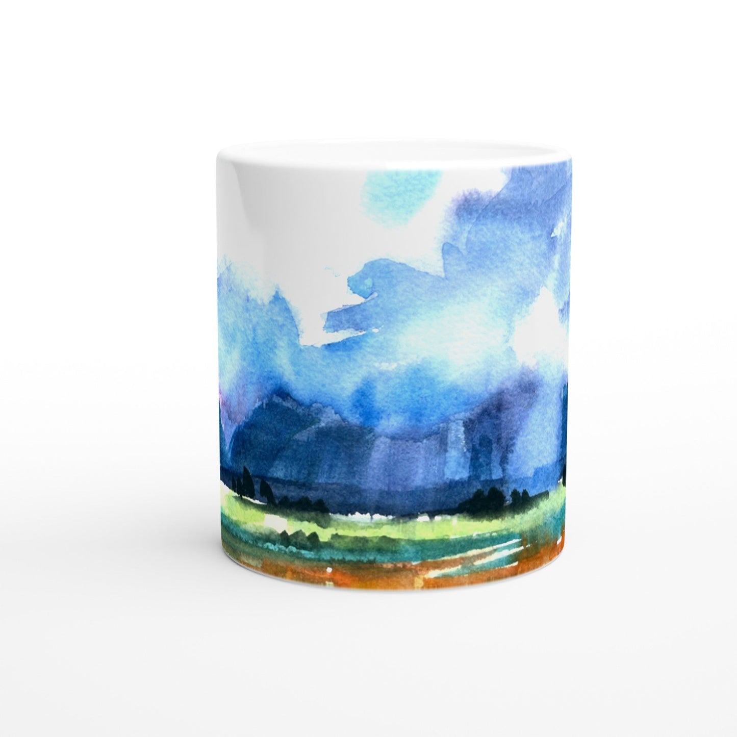 11oz White Ceramic Mug| Coffee Cup with 'Tranquil Mountain View 4' Artwork by American Artist Barbara Cleary