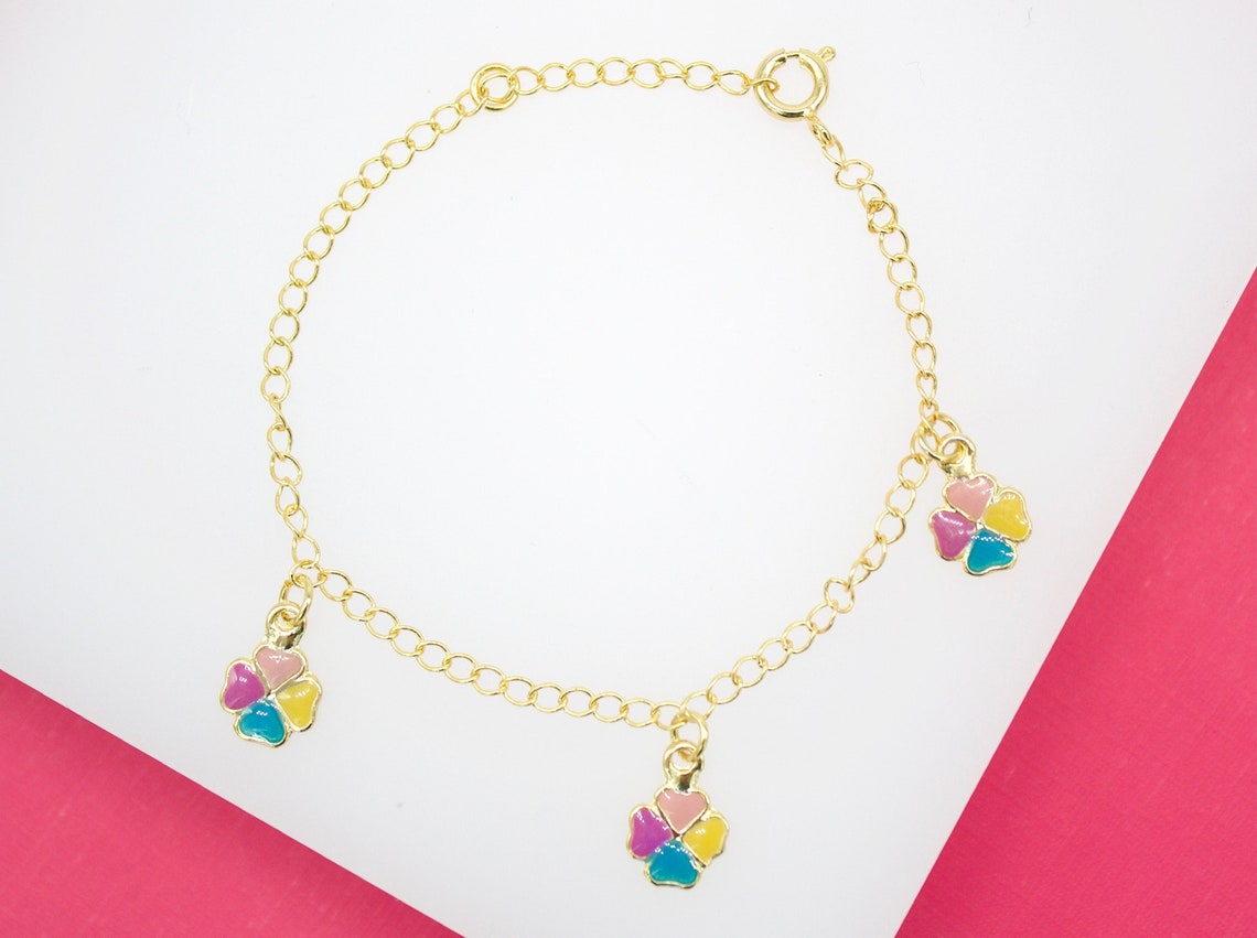 18K Gold Filled Enamel Four Leaf Clover Charm Curb Bracelet
