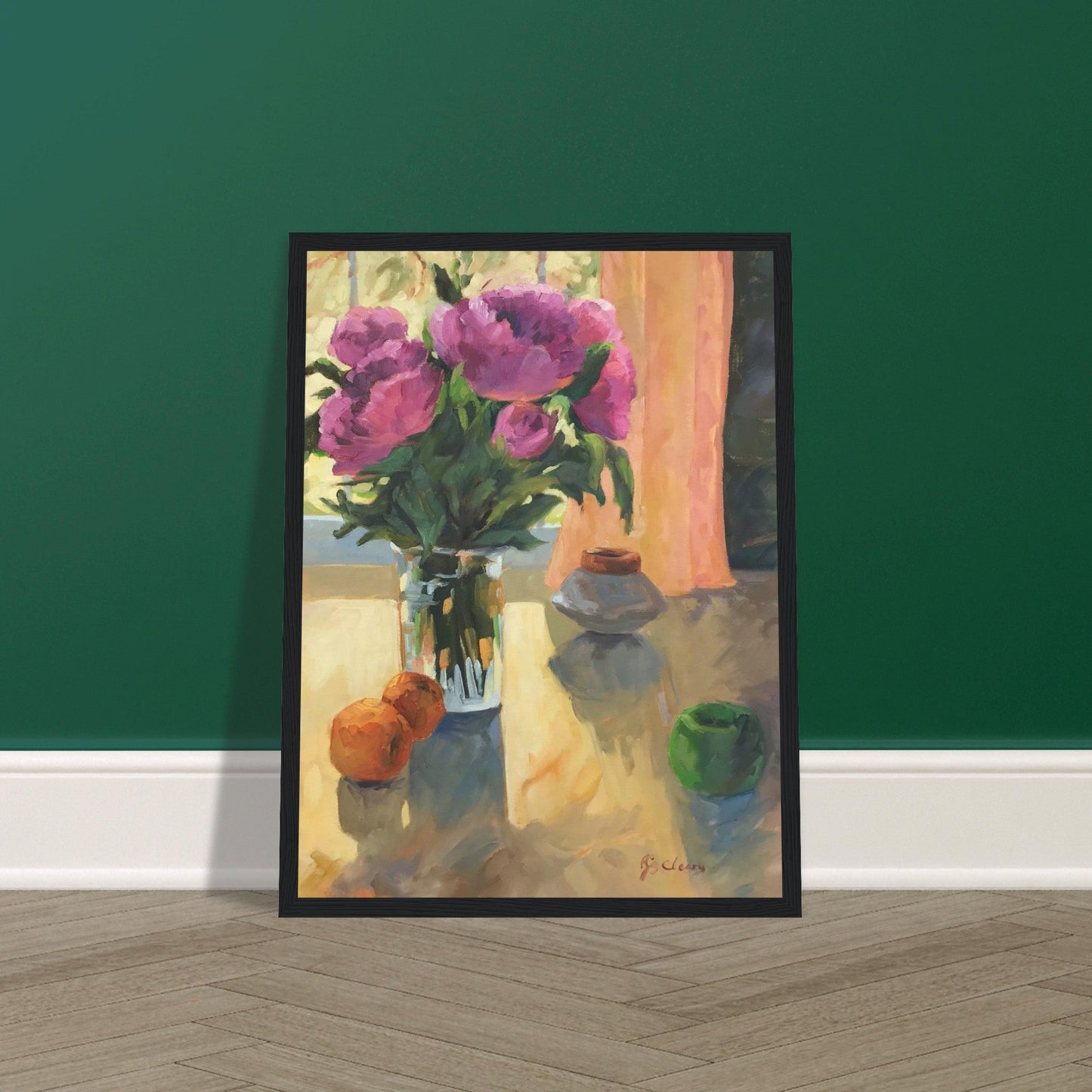 'Blooming Flowers and Fresh Fruit' Floral Still Life I 12x16 Wooden Framed Art Print | Original Artwork by American Artist Barbara Cleary