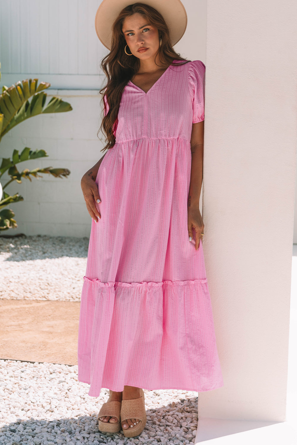 Ella Stripe V Neck Puff Short Sleeve Maxi Dress