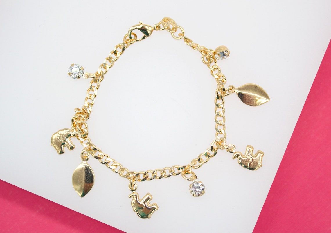 18K Gold Filled Dangle Elephant CZ Stone Leaf Charm Bracelet (XX15)