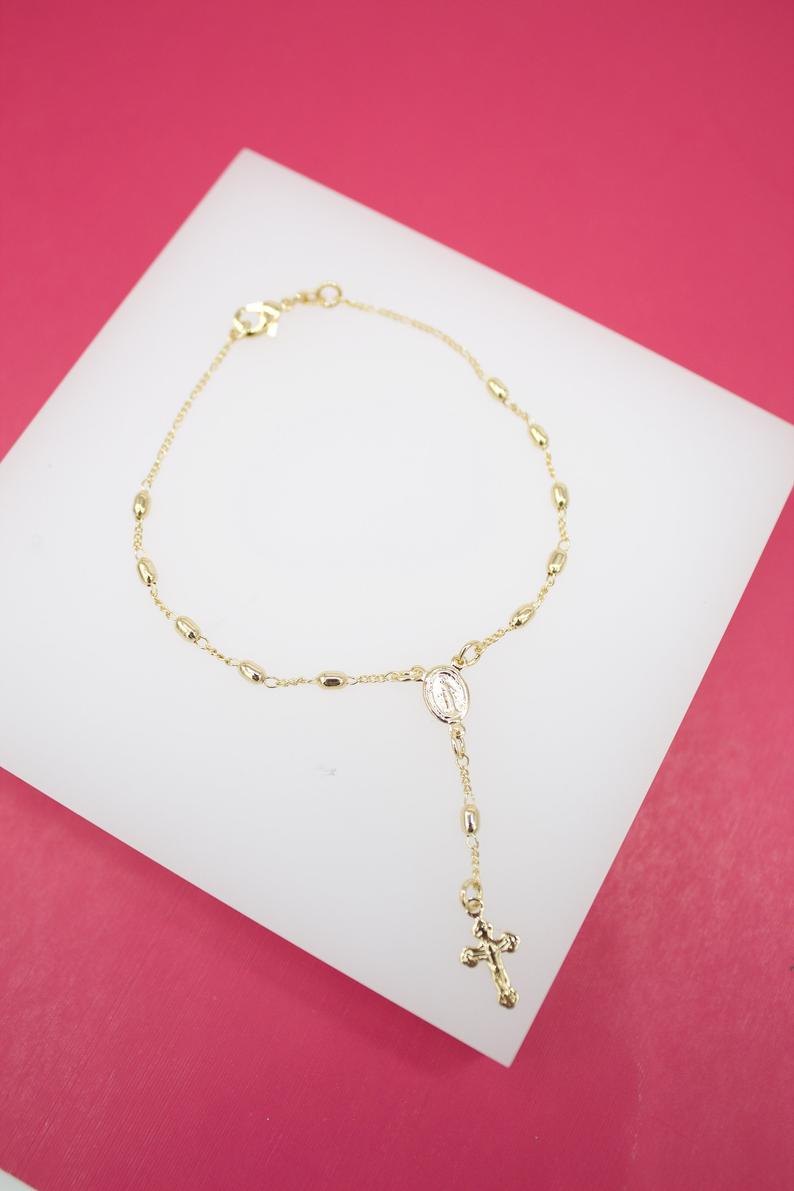 Gold Filled Cross and Milagros Charm Bracelet (I52A)