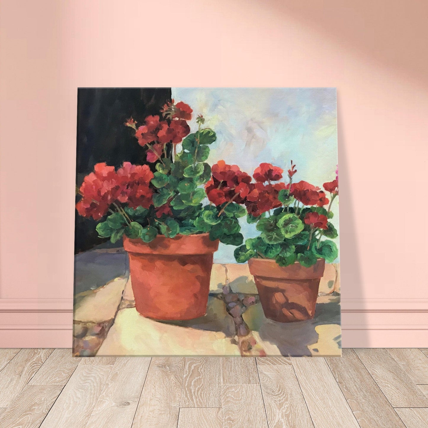 'Potted Geraniums Series 1' Floral I 16x16 inch Art Print on Canvas I Original Artwork by American Artist Barbara Cleary