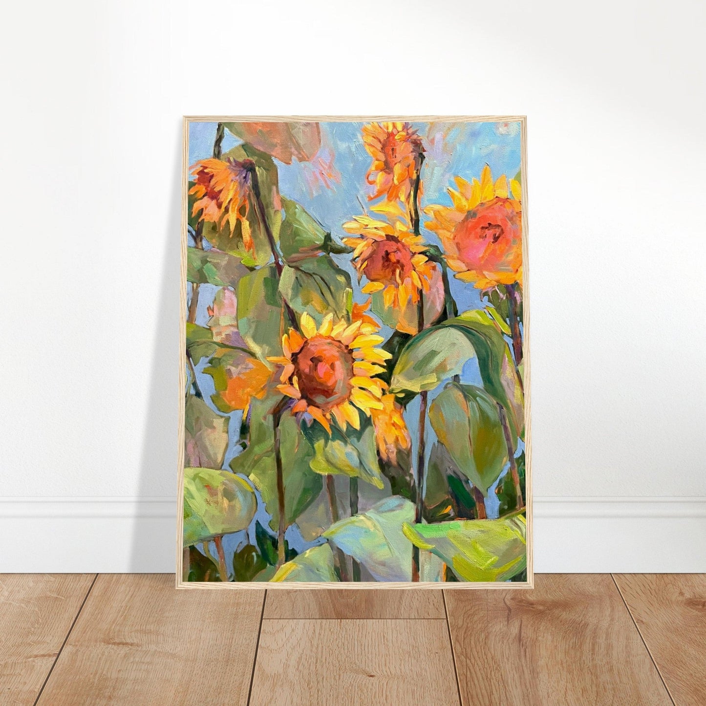'Southwind Sunflowers 1' Floral | 24x32 inch Wooden Framed Art Print | Original Artwork by American Artist Barbara Cleary