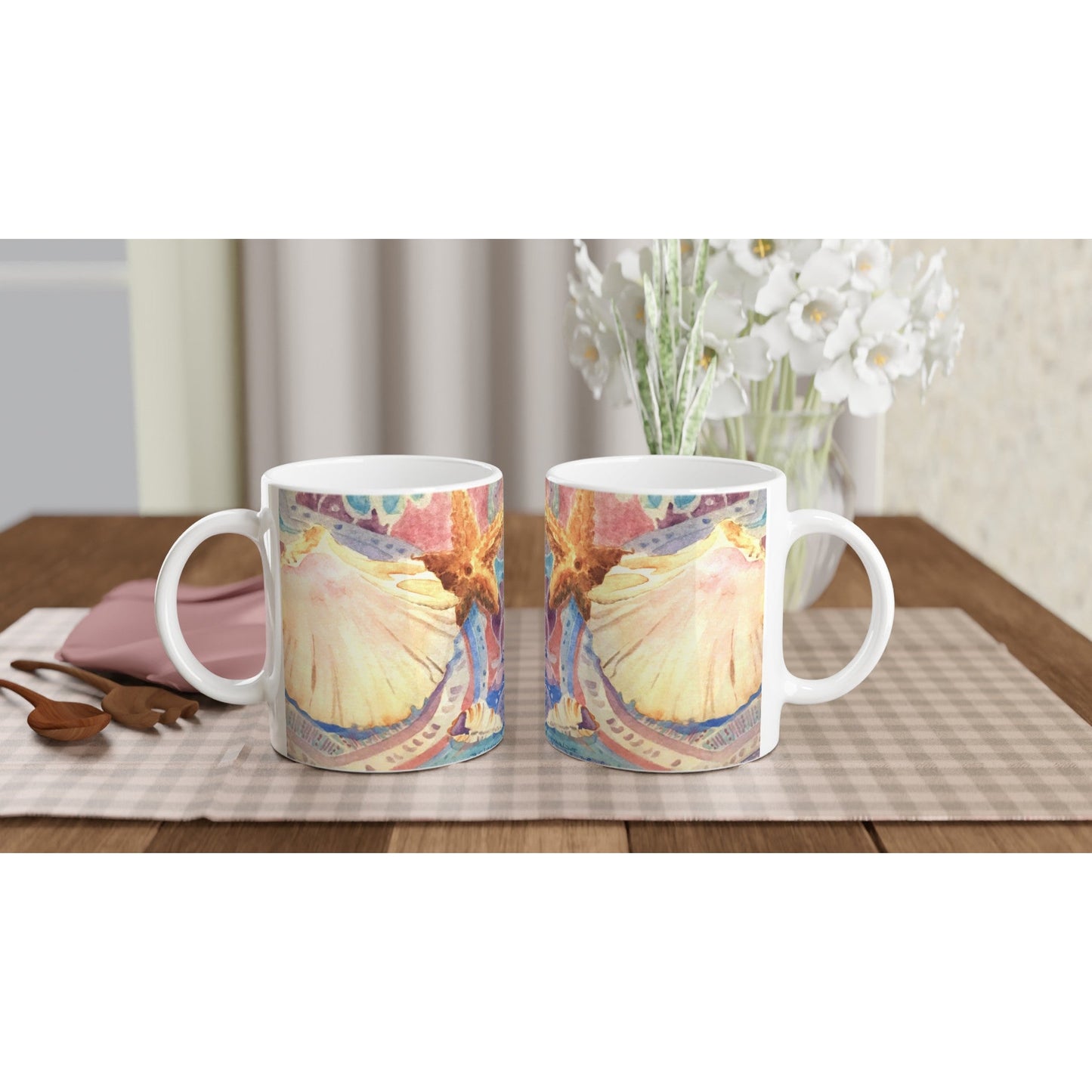 11oz White Ceramic Mug | Coffee Cup with 'Treasures of the Tide' Coastal Artwork by American Artist Barbara Cleary