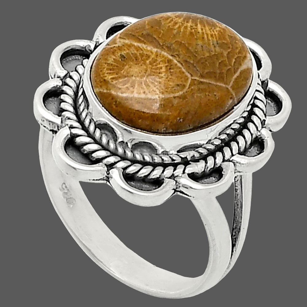 Premium Quality Flower Fossil Coral Ring size-7 R-1221 52-ER14188