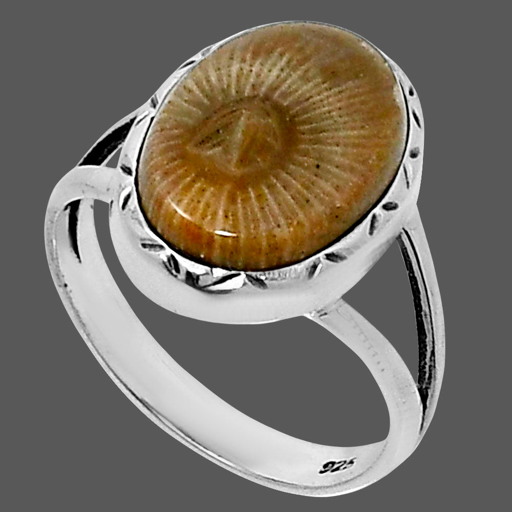 Premium Quality Flower Fossil Coral Ring size-7 R-1074 52-ER14232