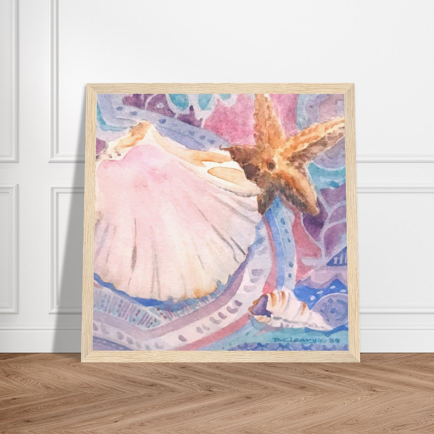 'Starfish' Watercolor I 12x12 inch Wooden Framed Art Print I Original Artwork by American Artist Barbara Cleary