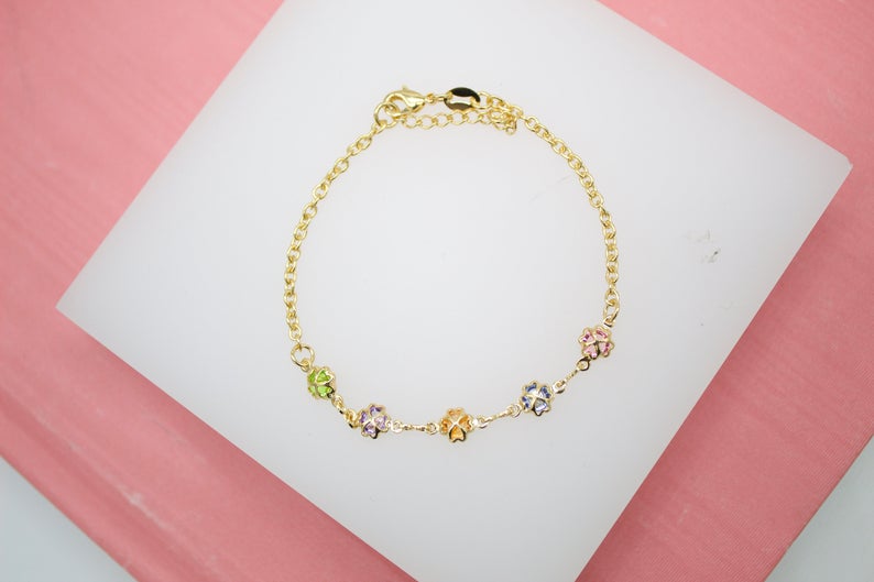 4 Leaf Clover MultiColor CZ Charm Bracelet