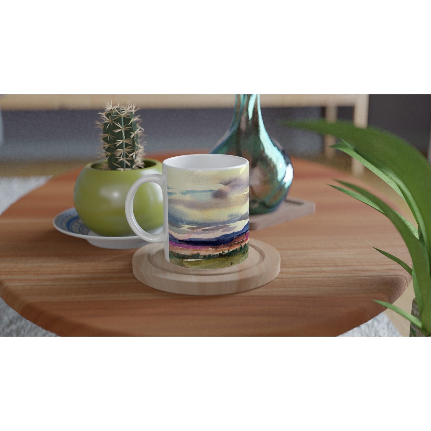 11oz White Ceramic Mug| Coffee Cup with 'Tranquil Mountain View 1' Artwork by American Artist Barbara Cleary