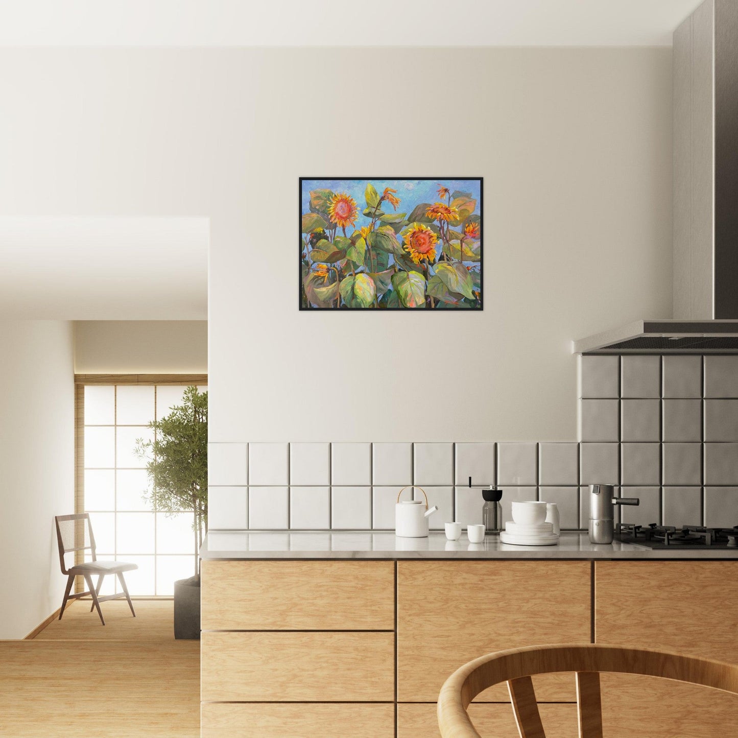 'Southwind Sunflowers 2' Floral | 20x28 inch Wooden Framed Art Print | Original Artwork by American Artist Barbara Cleary
