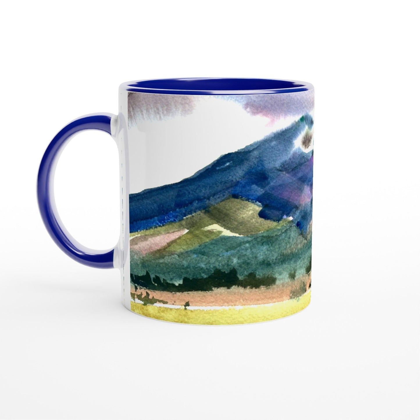 11oz White Ceramic Mug with Color Inside | Coffee Cup with 'Tranquil Mountain View 2' Artwork by American Artist Barbara Cleary
