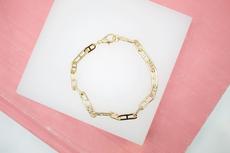 18K Gold Filled 5mm Designed Paper Clip Link Bracelet (I349)