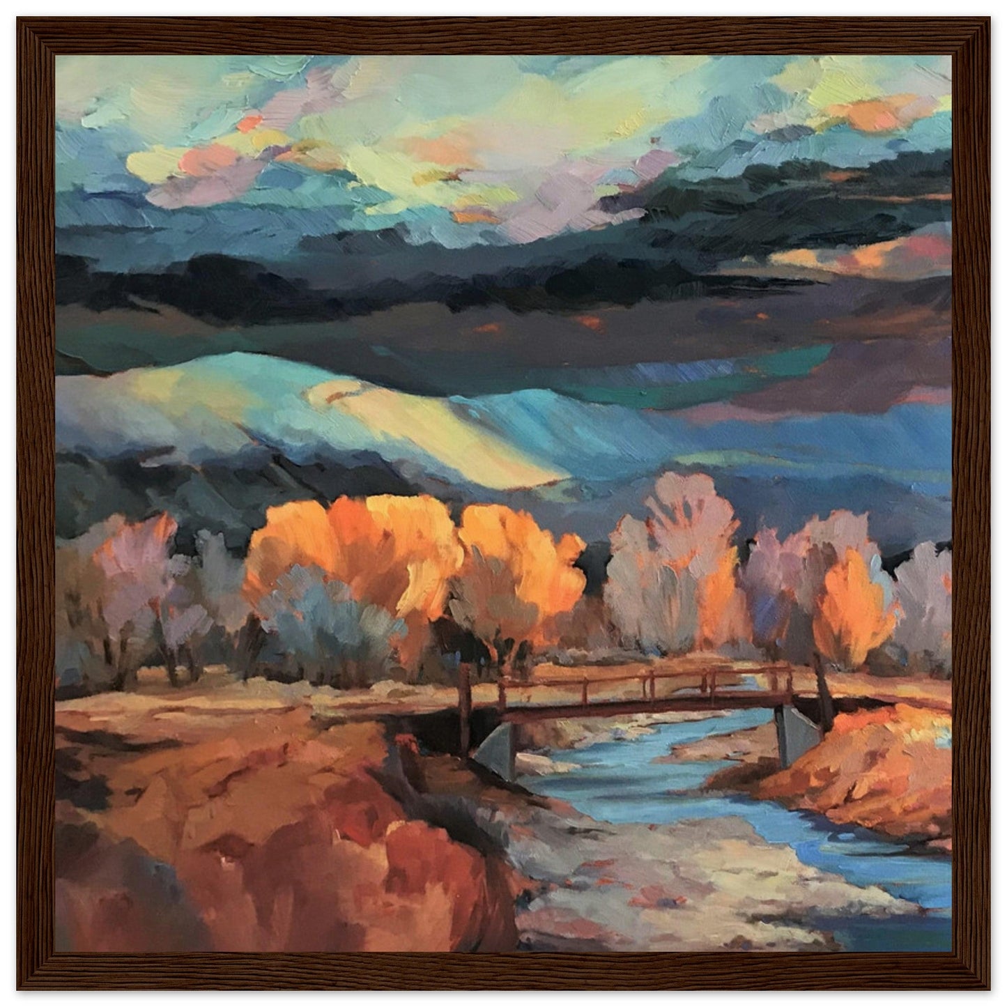 ‘Rio Pueblo River’ Landscape | 12x12 Wooden Framed Art Print | Original Artwork by American Artist Barbara Cleary