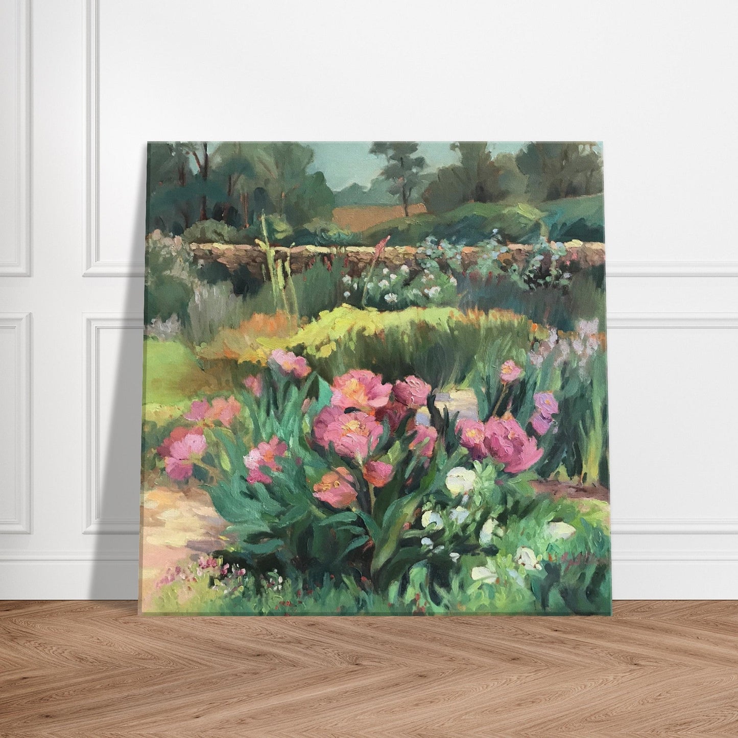 'Garden Peonies' Floral I 16x16 inch Art Print on Canvas I Original Artwork by American Artist Barbara Cleary