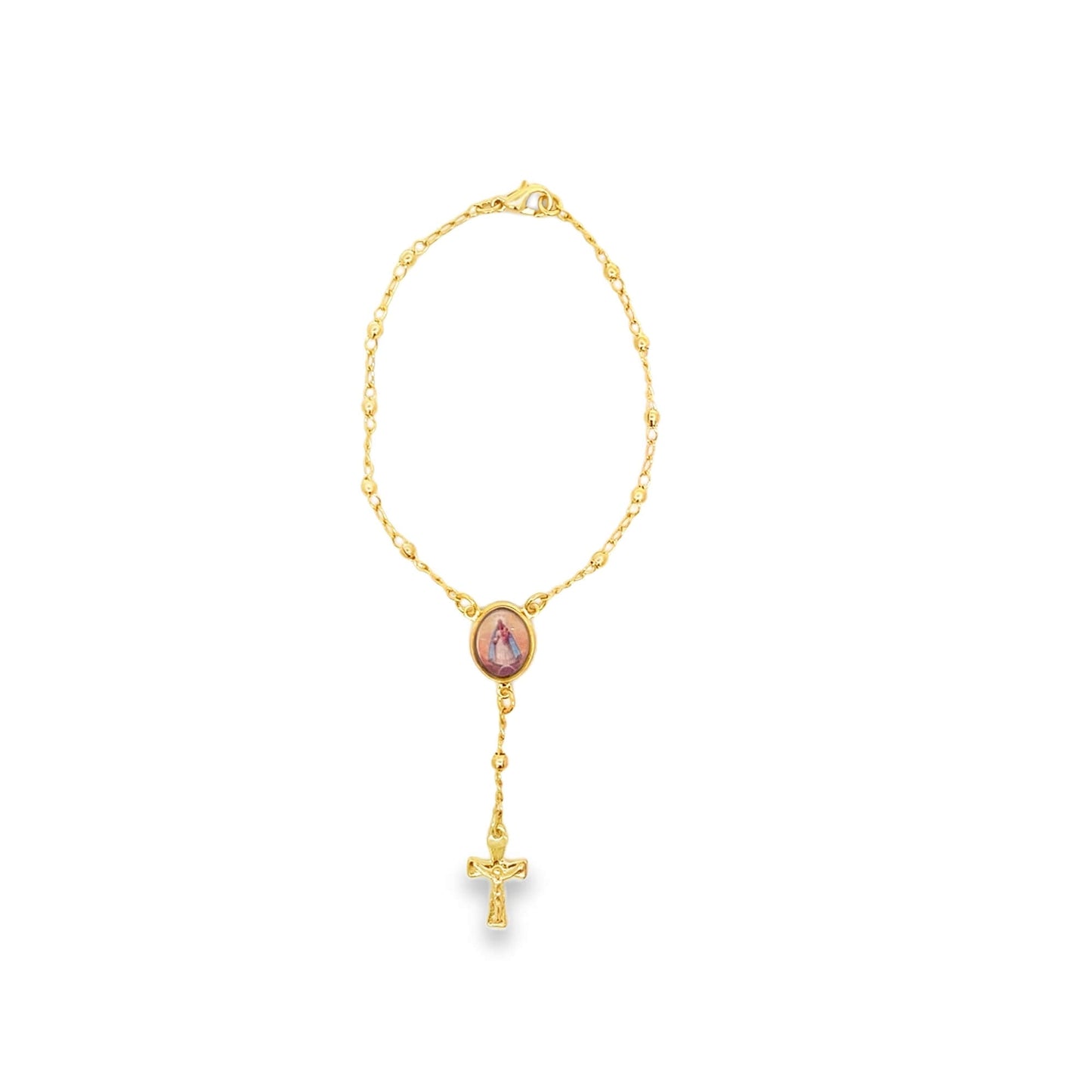 Dainty Rolo Bead Rosary Cross Charm Bracelet (I43B)