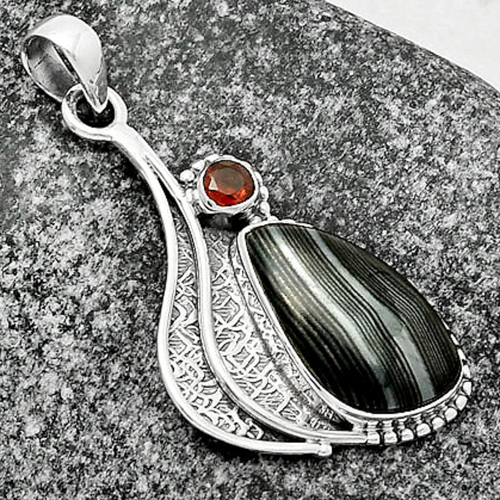 Crown Of Silver Psilomelane - Black Malachite & Garnet Pendant P-1467 SDP109649