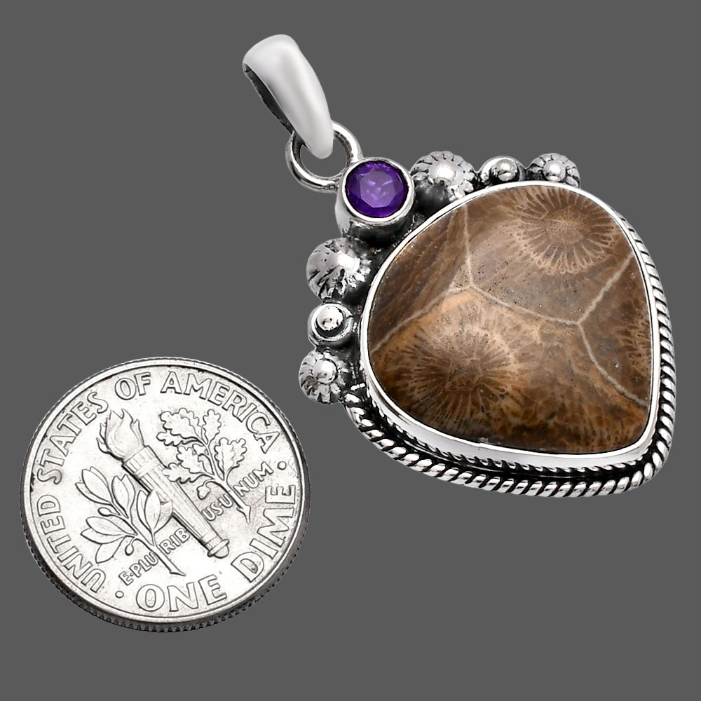 Flower Fossil Coral & Amethyst Pendant P-1482 SDP144385