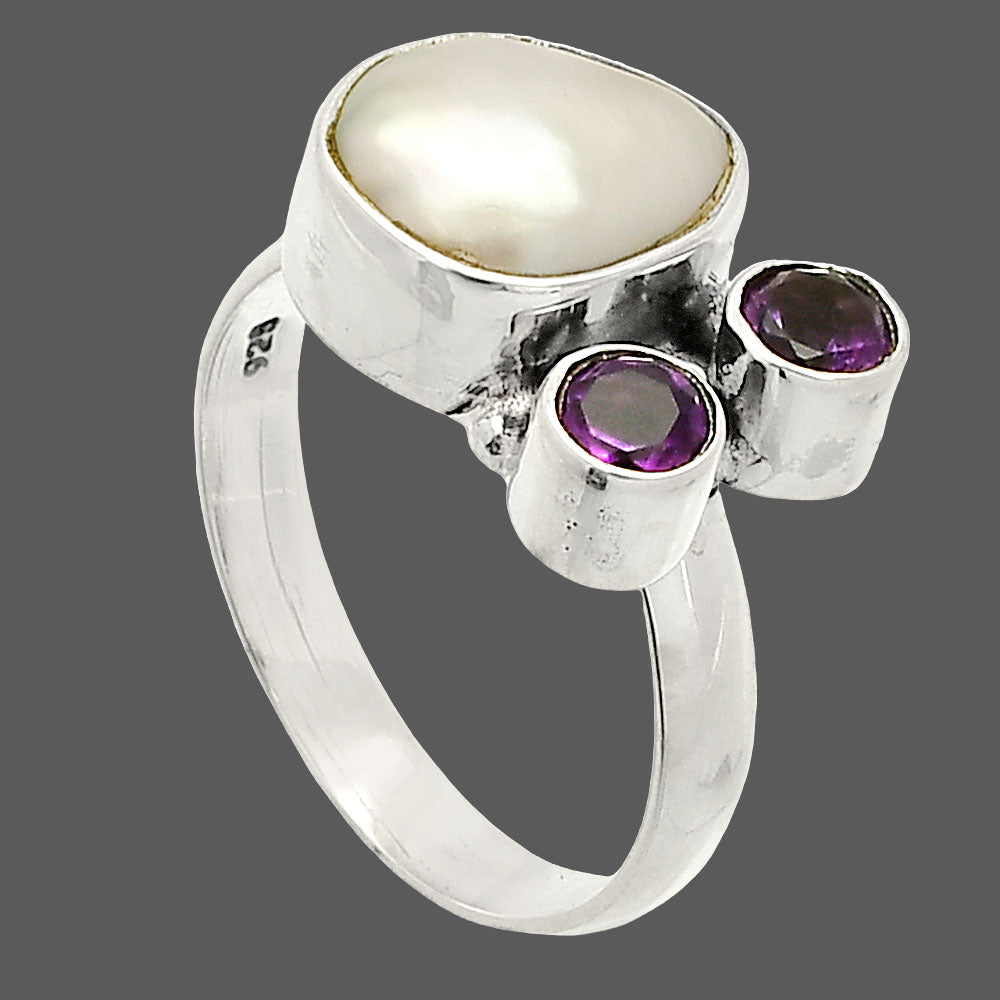Natural Fresh Water Biwa Pearl & Amethyst Ring size-7.5 R-1122 SDR234895