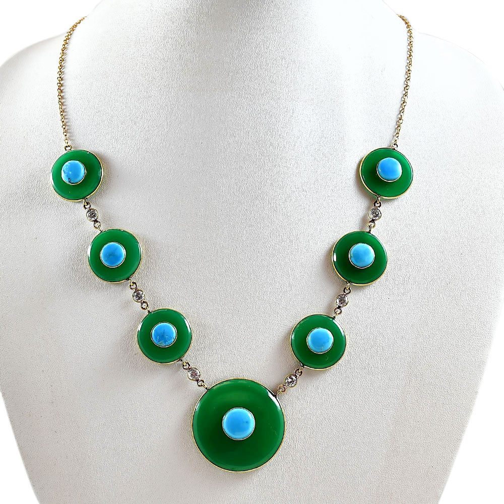 18K Gold Plated Green Onyx, Turquoise & Zircon Necklace Earrings Set TT01021