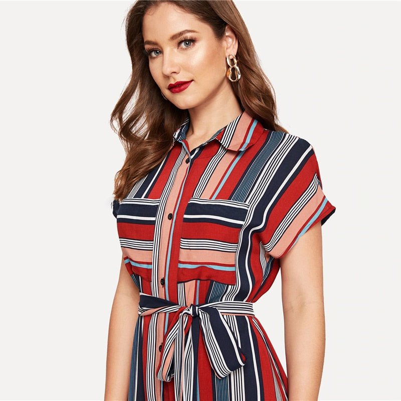 Colorful Striped Belted Hijab Shirt Dress Women Chic Spring Summer Button Short Sleeve Pocket Autumn Dresses