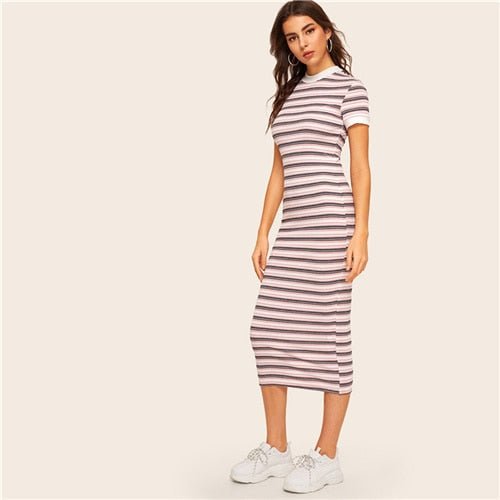 Contrast Neck And Cuff Striped Pencil Dress Preppy Colorblock Stretchy Spring Autumn Bodycon Women Dresses