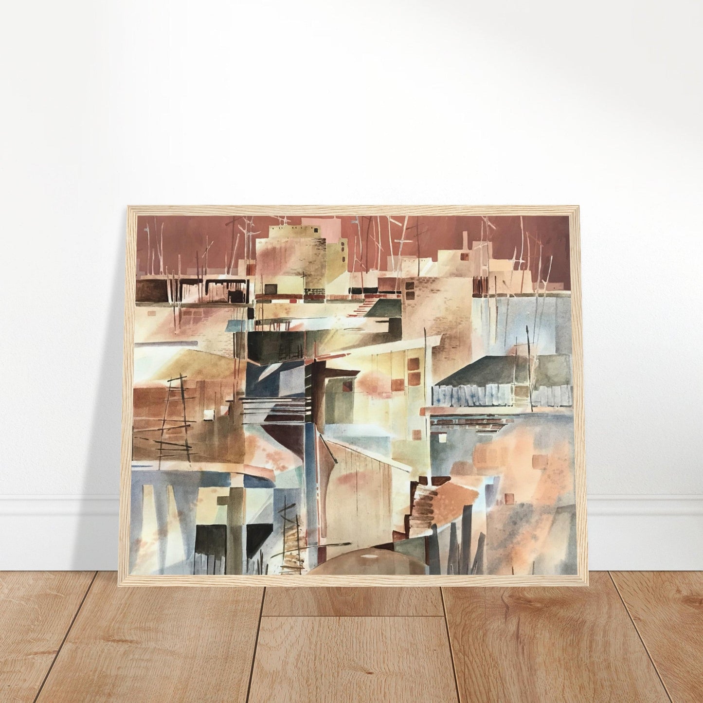 'Abstract Taos Pueblo' Watercolor I Wooden Framed 16x20 inch Wooden Framed Art Print I Original Artwork by American Artist Barbara Cleary