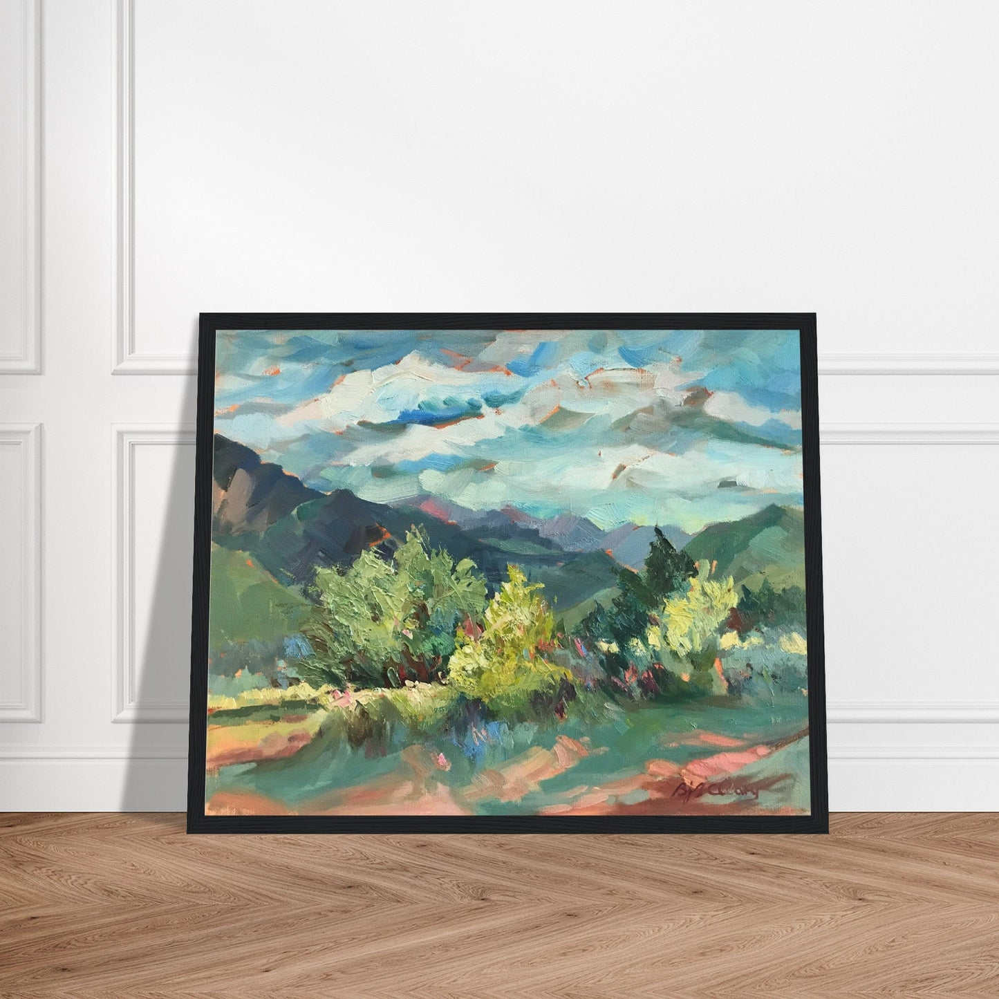 ‘Pueblo Lands Plein Air’ Southwestern Landscape | 16x20 Wooden Framed Art Print | Original Artwork by American Artist Barbara Cleary
