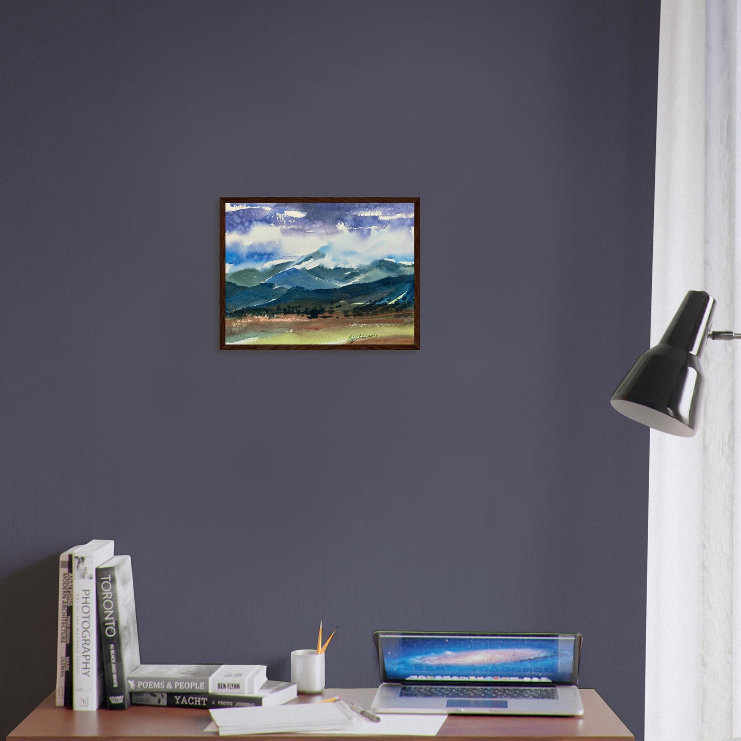 ‘Tranquil Mountain View 3’ Landscape Watercolor | 12x16 Wooden Framed Art Print | Original Artwork by American Artist Barbara Cleary