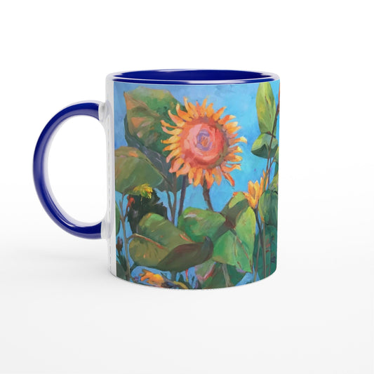 "11oz White Ceramic Coffee Mug with Color Inside | with 'Southwinds 2 Sunflowers' Floral Artwork by American Artist Barbara Cleary