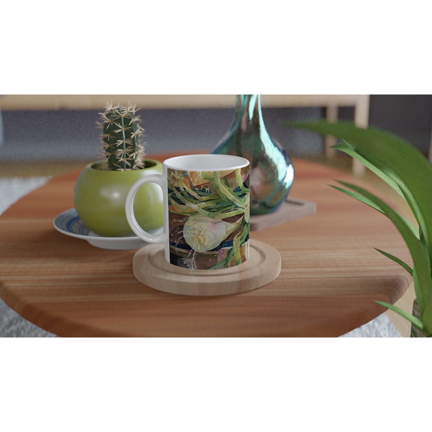 11oz White Ceramic Mug | Coffee Cup with 'Onions' Watercolor Artwork by American Artist Barbara Cleary