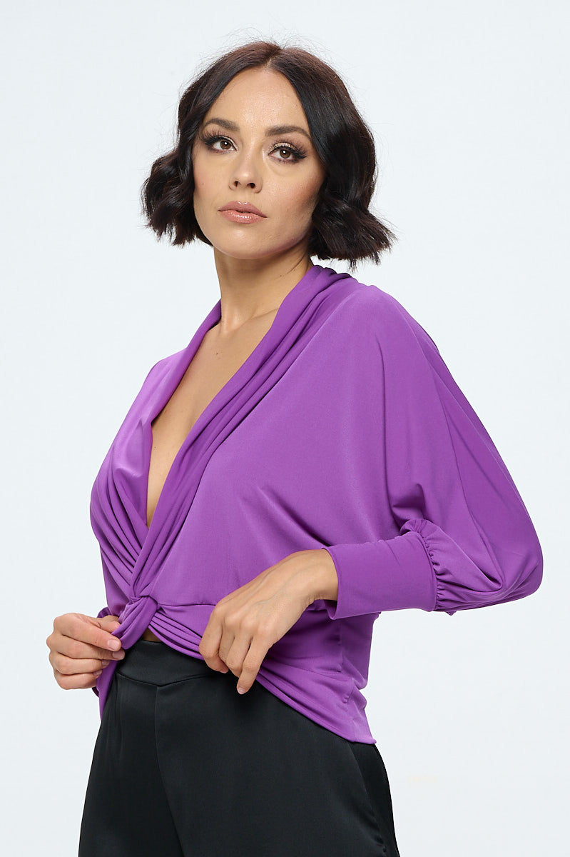 Knit Fabric Deep Cowl Neck Top with Front Twist
