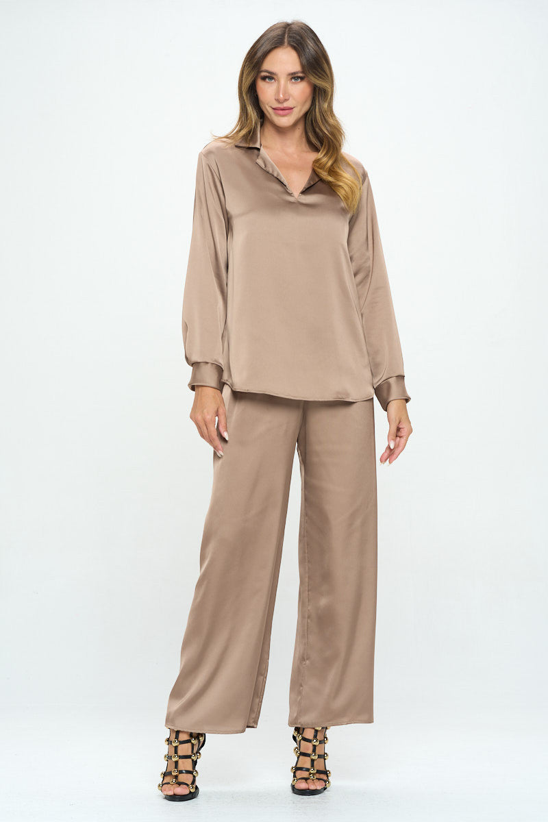Stretch Satin Long Sleeve V neck Top with Collar