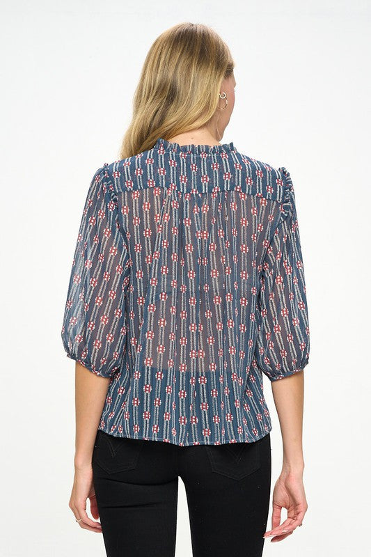 Print Semi Sheer Top with Tie