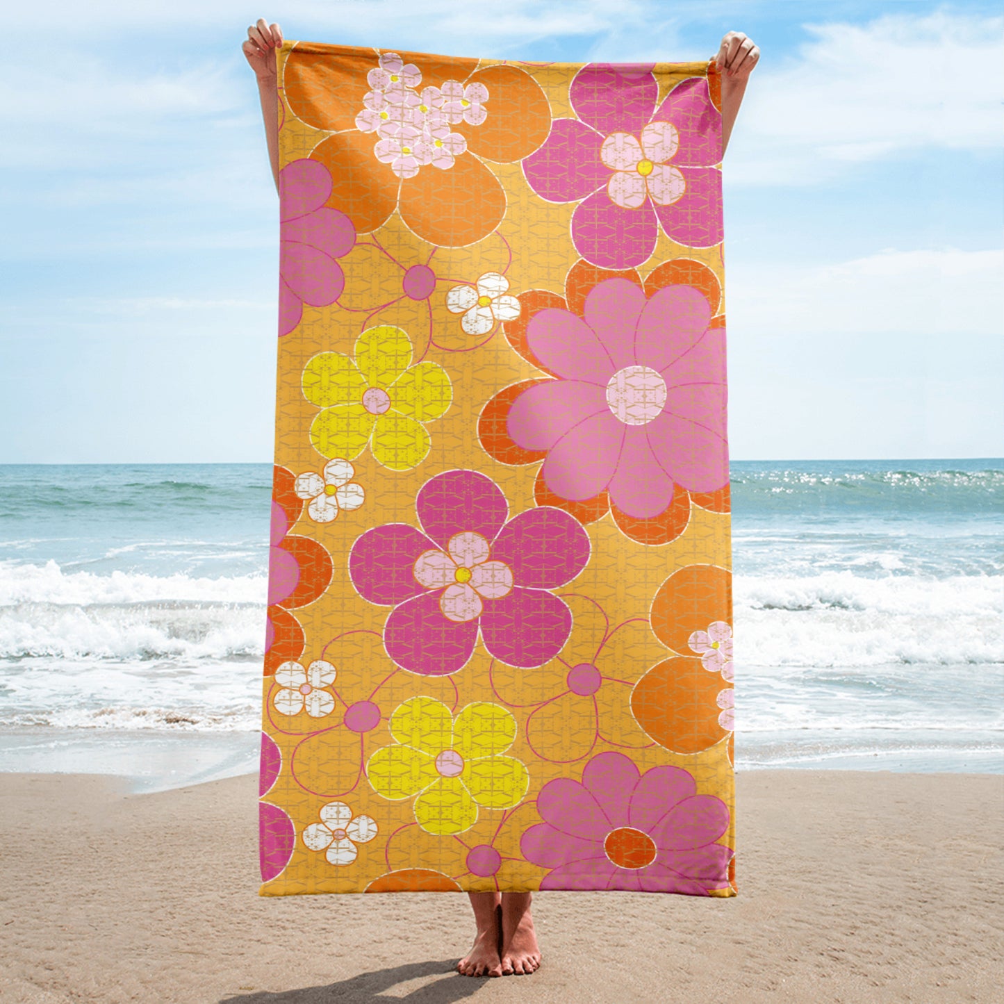 Yellow Pink Flower Beach Towel