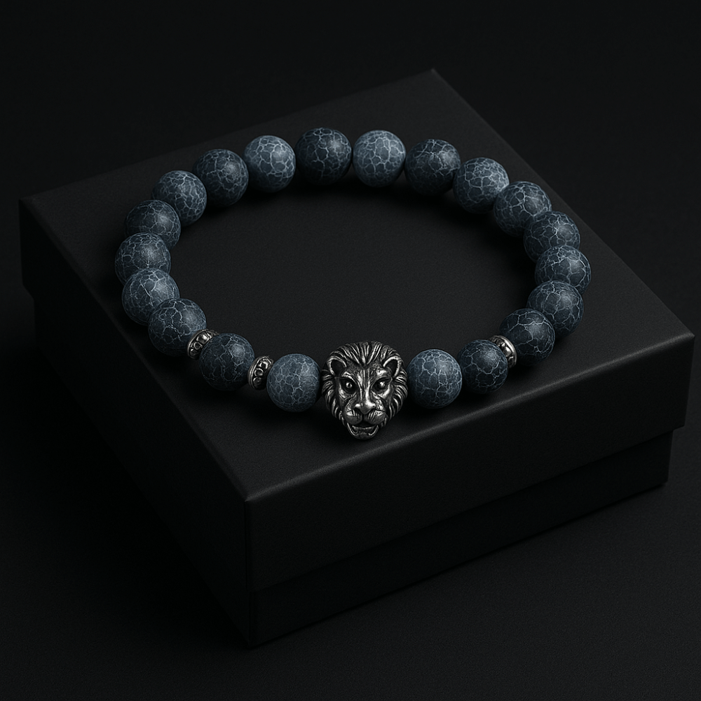 Lion charm black agate bracelet - Black Agate stone Perfect for Gift