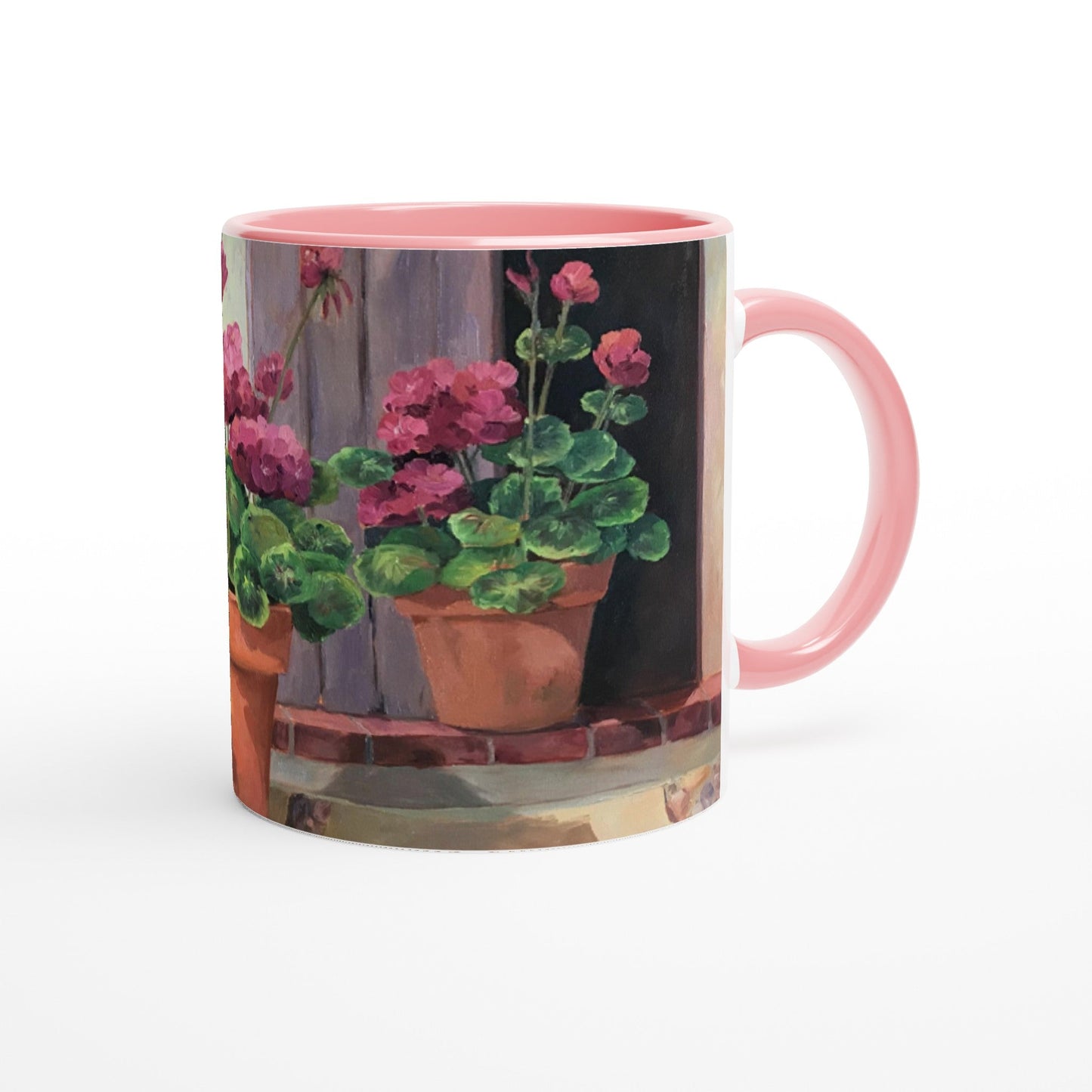 11oz White Ceramic Mug with Color Inside | Coffee Cup with 'Potted Red Geraniums Series 1' Floral Artwork by American Artist Barbara Cleary