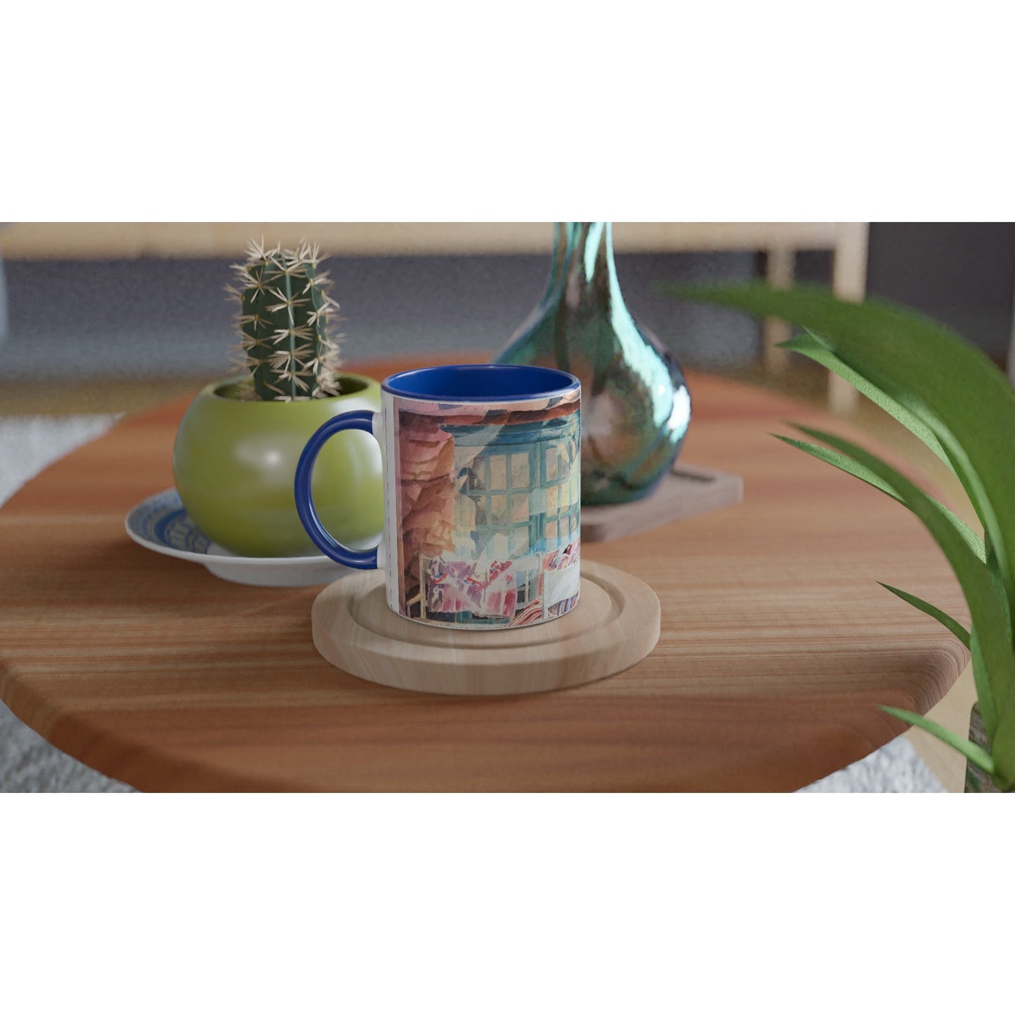 11oz White Ceramic Mug with Color Inside | Coffee Cup with 'Southwestern Home' Watercolor Artwork by American Artist Barbara Cleary