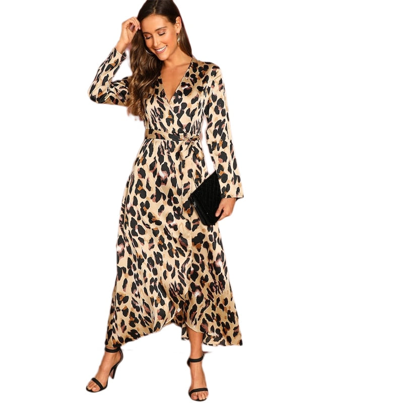 Multicolor Surplice Wrap Satin Leopard Deep V Neck Half Sleeve Dress Elegant Women Autumn Modern Lady Dresses