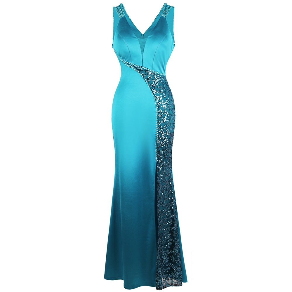 Women's V Neck Beading Sequin Splicing Evening Dresses Long Formal Party Gwon Ice-Snow Blue