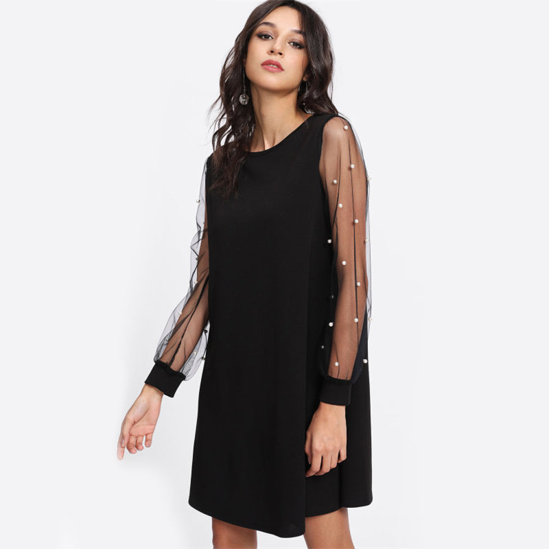 Elegant Womens Dresses Pearl Beading Mesh Sleeve Tunic Dress Autumn Black Boat Neck Long Sleeve A Line Dress