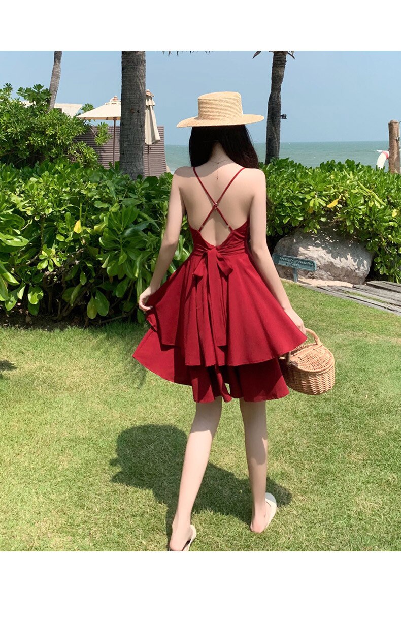 Summer Ruffles Sexy Dress Women Red Spaghetti Strap V Neck Backless Dresses Mini Zipper Club Party Female Dress Vestidos