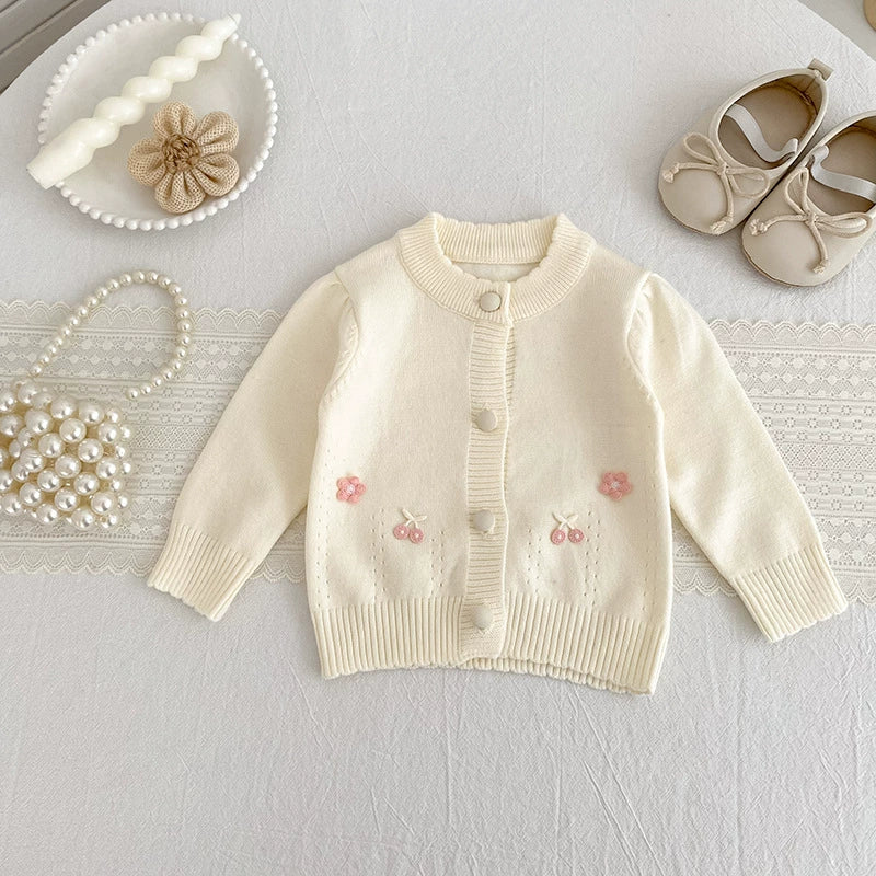 Autumn Arrival Baby Girls Comfortable Flowers and Fruits Decorated Knitted Long Sleeves Cardigan