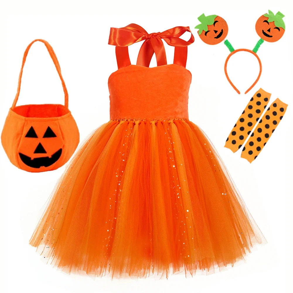 Arrival Girls’ Halloween Pumpkin Pattern Dress – Princess Cosplay Costume Set Party, and Stage Performance, MyKids-USA®, Costume Dresses, MyKids-USA - Size/Age - S (1-2Y) - Color - Orange - - - TR2508202028-E.