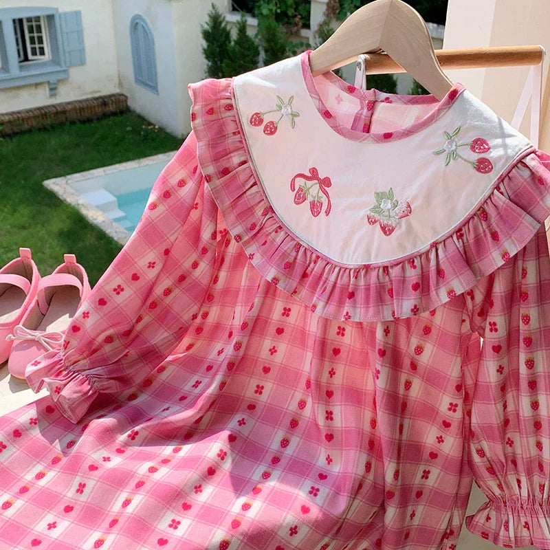 Arrival Autumn Girls Strawberry and Plaid Pattern Long Sleeves Dress