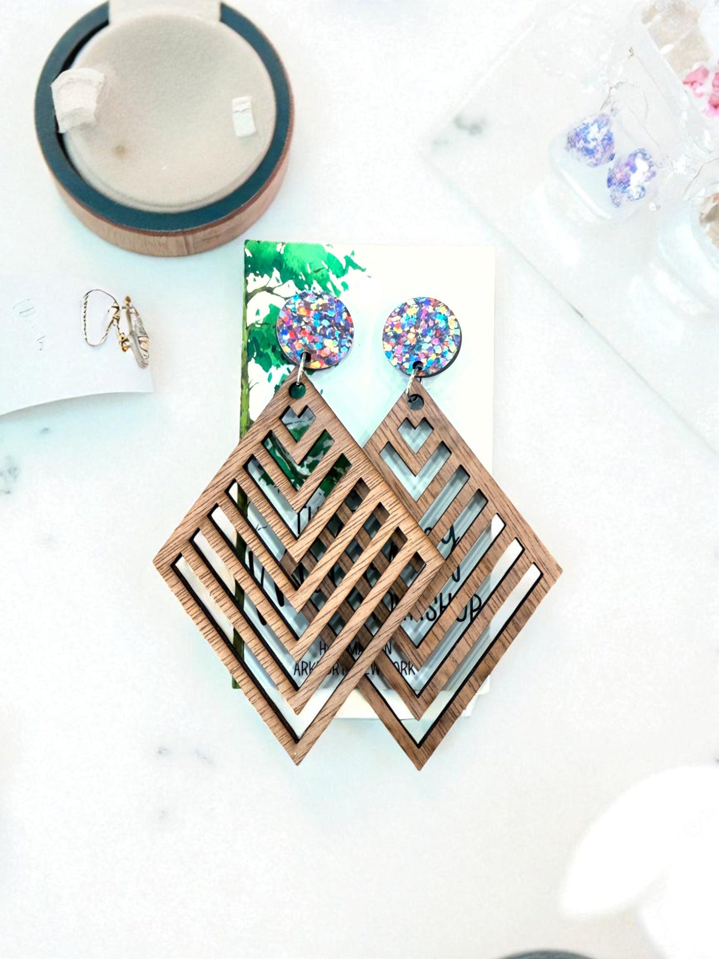 Wood Dangle Earrings, Geometric Wood Earrings, Hypoallergenic
