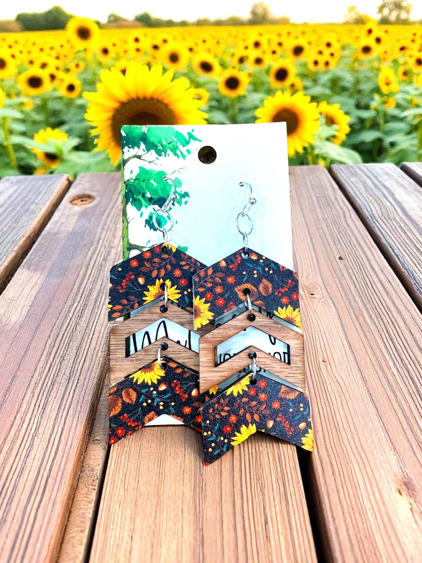 Wood Sunflower Dangle Earrings, Geometric Chevron Wood Earrings, Hypoallergenic