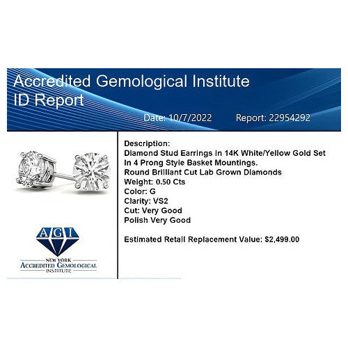 0.50 CTW AGI Certified Lab Grown Diamond (G-VS) Stud Earrings in Choice Of 14K White or Yellow Gold