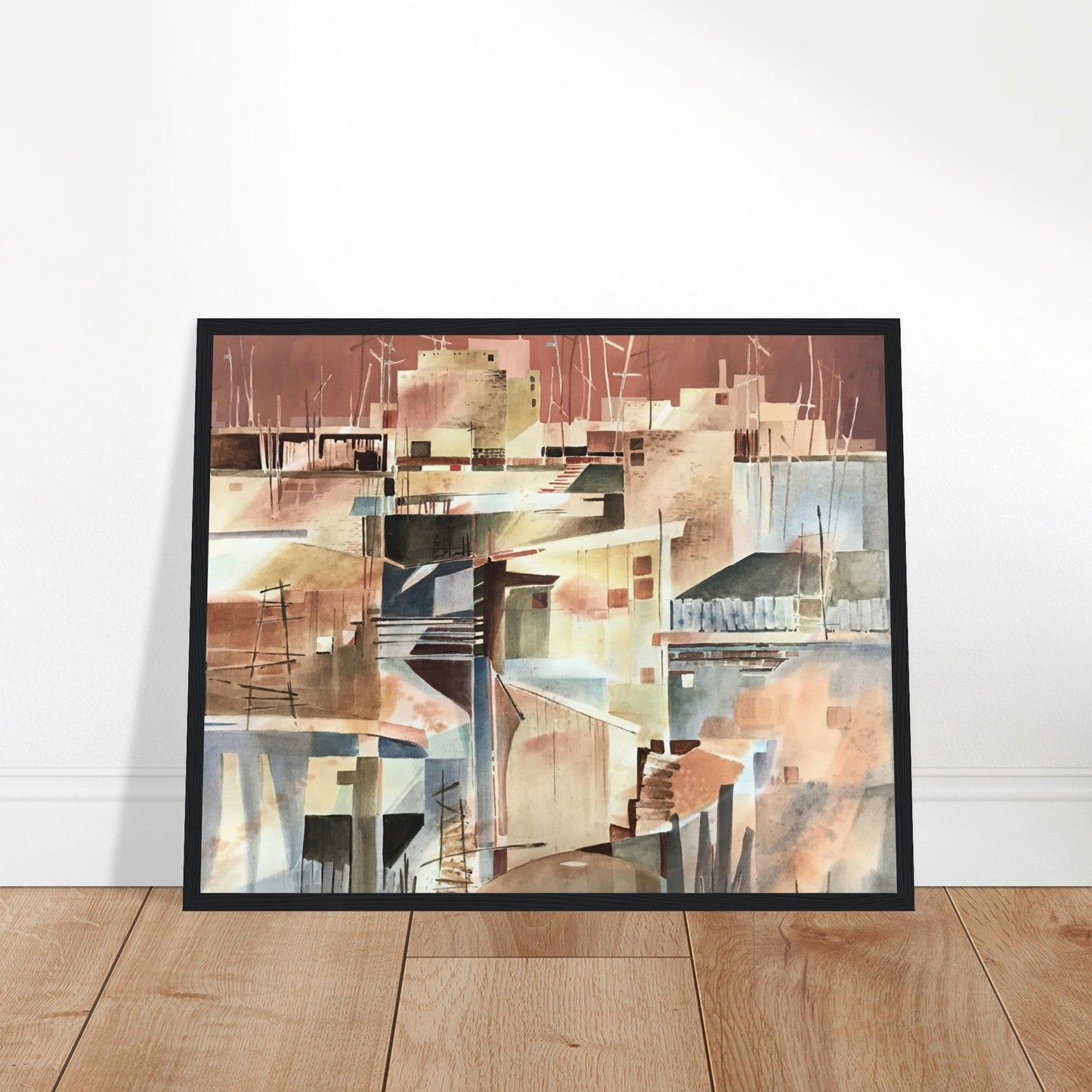 'Abstract Taos Pueblo' Watercolor I Wooden Framed 16x20 inch Wooden Framed Art Print I Original Artwork by American Artist Barbara Cleary